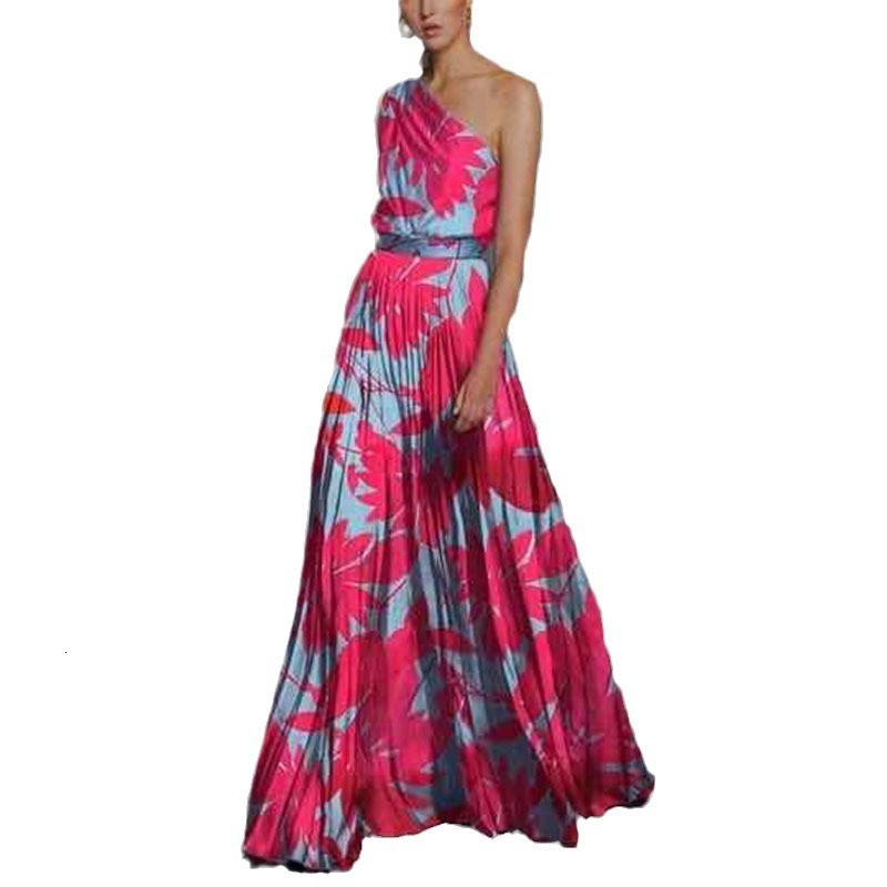 2025 New Womens Digital Printed Leaf Splicing Off Shoulder Printed Long Skirt Dress
