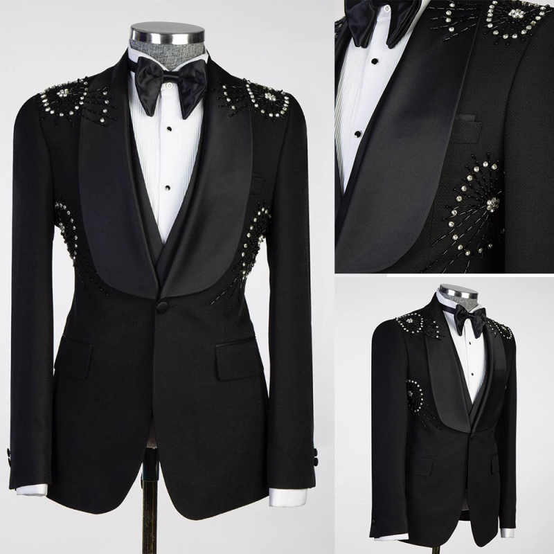 Exquisite New Fashion One Piece Black Spring Summer Men Suits Set Blazer With Shawl Lapel Beads Sequins Customized Groom Wedding Tuxedo Formal Prom Ja