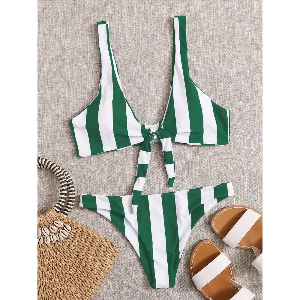 Stripe Print Contrast Color Bikini Set for Women Lace-up Knot V-neck 2 Piece Swimsuit Suit Sexy High Waist Beach Swimwear 2024