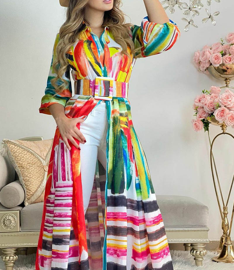 2025 Womens New Colorful Printed Strap Long Shirt Dress Loose Cardigan Long Skirt