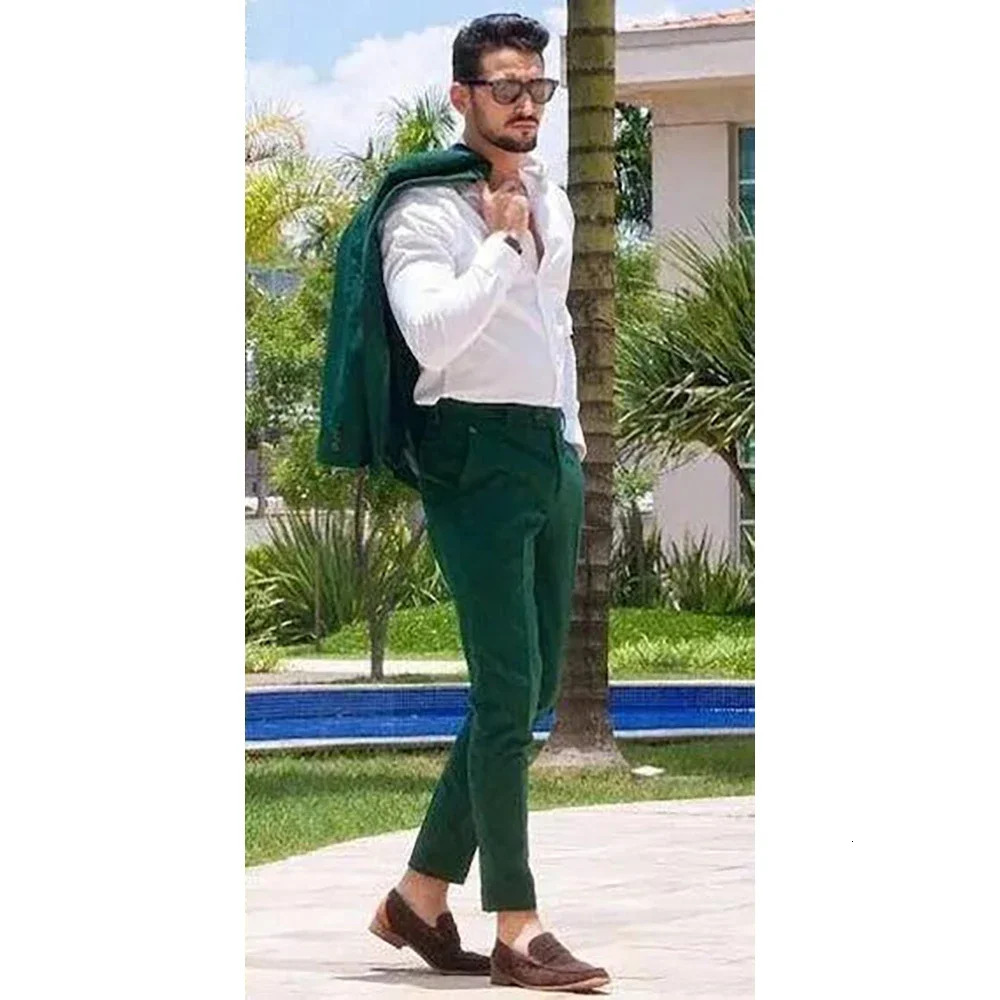 high-end green mens two-piece set jacketpants ultra-thin fit fashionable and handsome mens formal clothing 250402