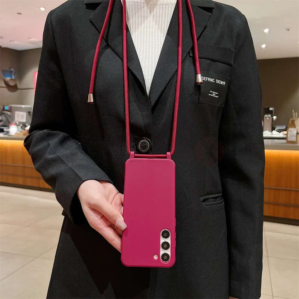 Matte Soft Silicone Crossbody Necklace Cord Strap Case For Samsung S24 S23 Ultra S22 Plus S21 S20 FE S11 S10 S9 S8 Cover