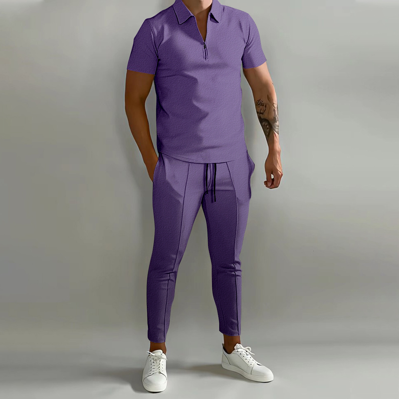 New mens 3D printed gradient short sleeved polo pants casual sports suit mens clothing