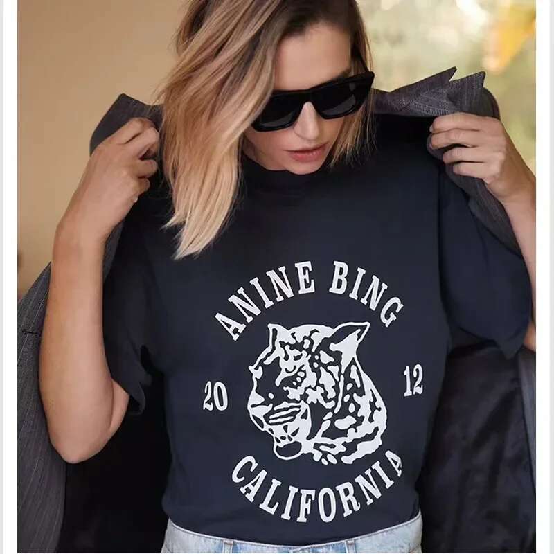 25 Summer New North American Niche AB Tiger Head English Alphabet Printing Black Cotton Women's Short Sleeve T-Shirt
