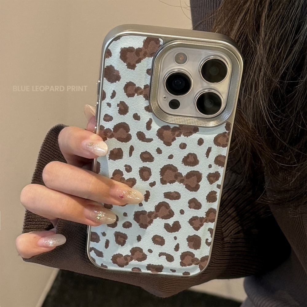 Blue Brown Leopard Print Knot Phone Case Compatible with iPhone 17/16 Pro Max Leather Simple Case iPhone 15/14 Shockproof