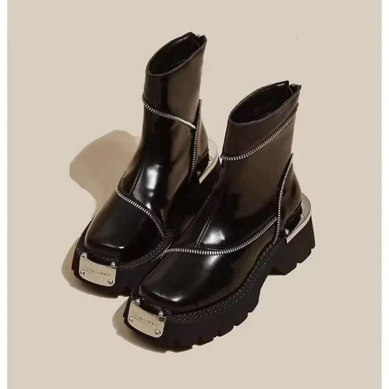 Shoes Female 2025 High Quality Zip Women's Spring Round Toe Solid Short Barrel Mid Heel Water Proof British Boots Atos