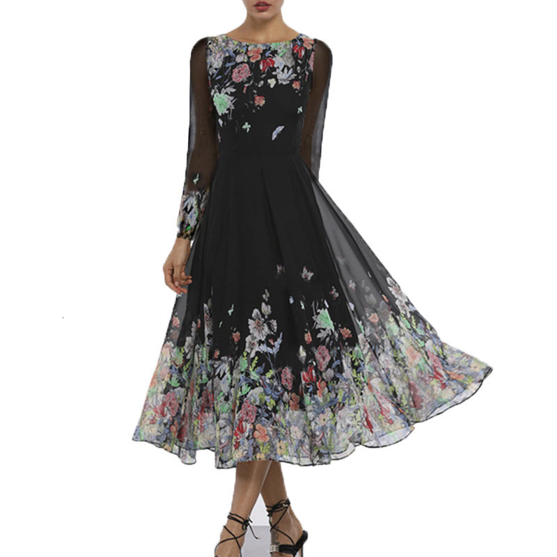 2025 New Womens Printed Dress with Sexy Hollow Out and Slim Fit Long Sleeved and Large Swing Long Skirt