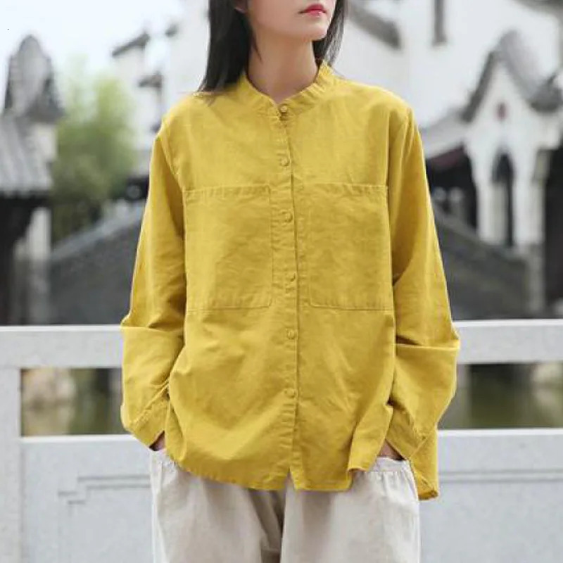 Johnature Leisure Stand Pockets Single Breasted Long Sleeve Cardigan Shirt Autumn Cotton Linen Comfortable Women Tops 250402