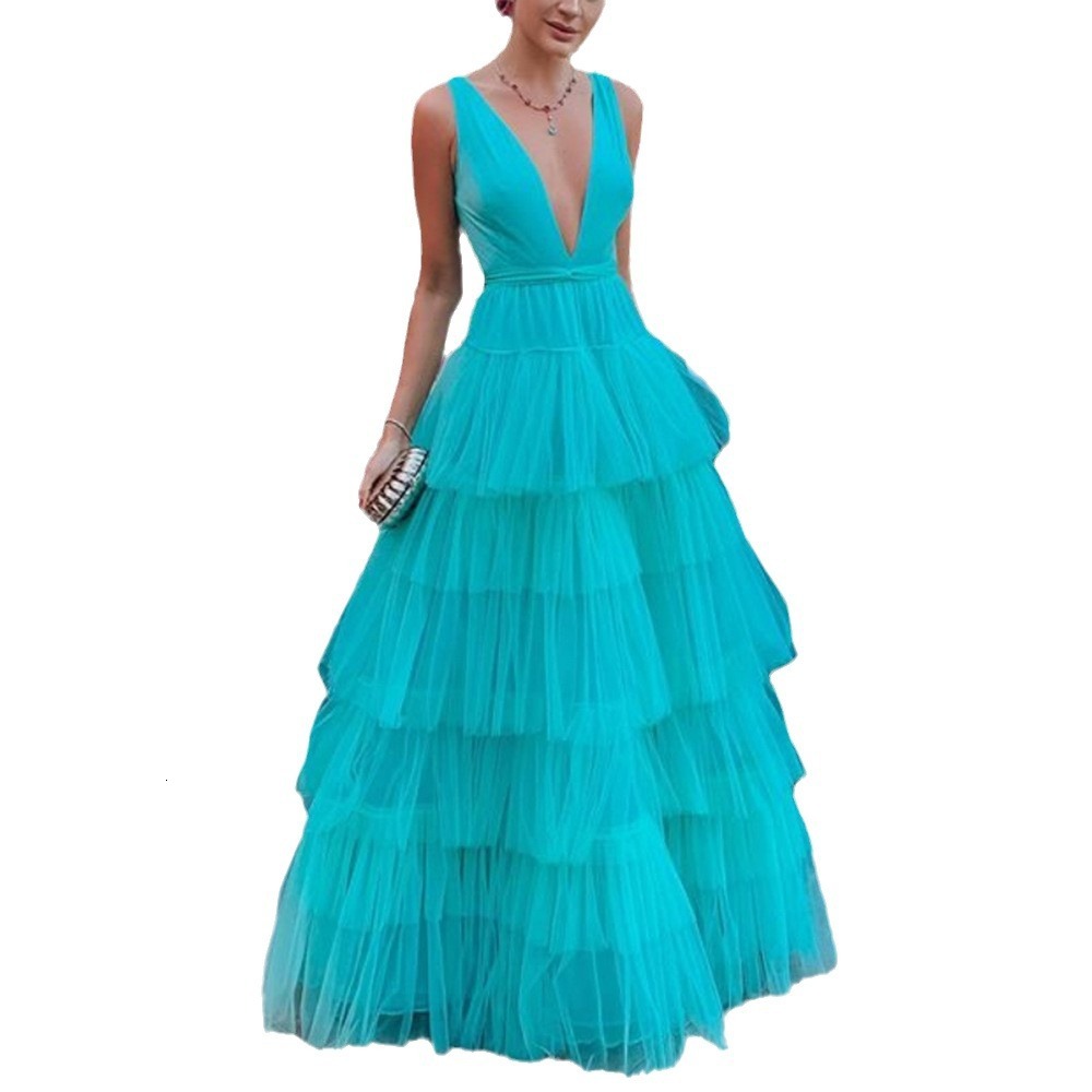 2025 Summer New Womens Dress Mesh Cake Skirt Strap V-neck Evening Dress