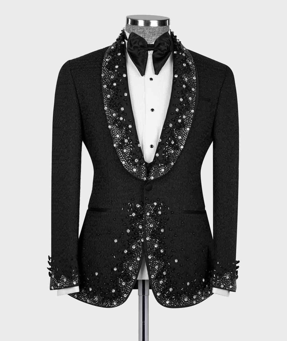 Exquisite One Piece Black Spring Summer Men Suits Set Blazer With Shawl Lapel Appliques Beaded Sequins Customized Groom Wedding Tuxedo Formal Prom Jac