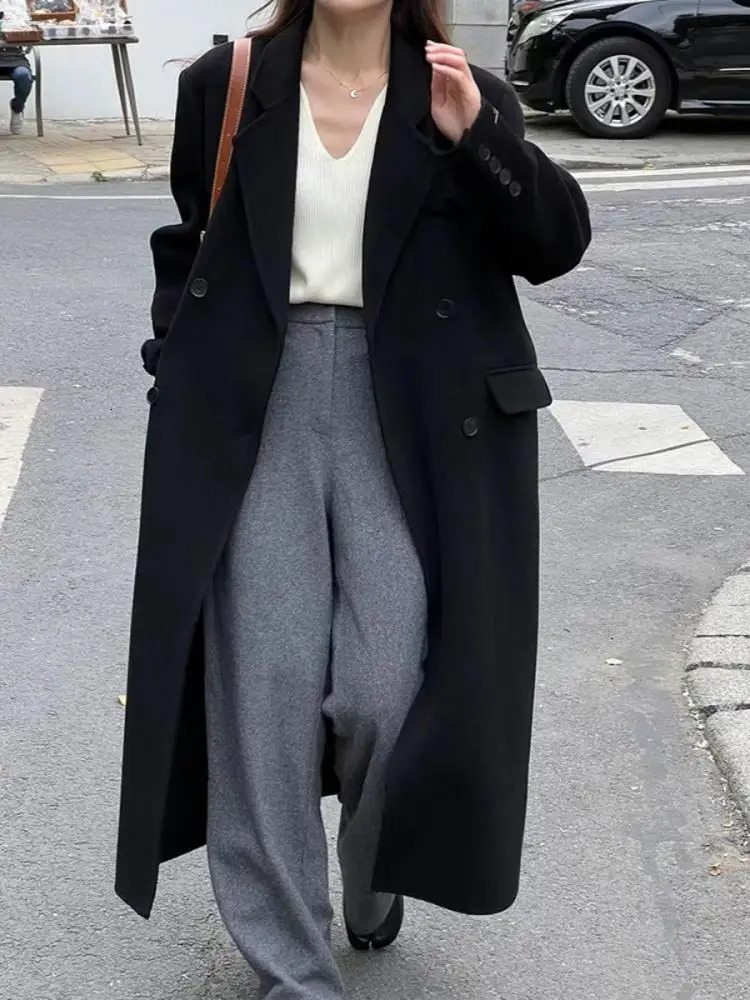 Right Angle Shoulder DoubleBreasted Woolen Jackets Autumn And Winter Office Lady Long 100 Wool Coats 251028