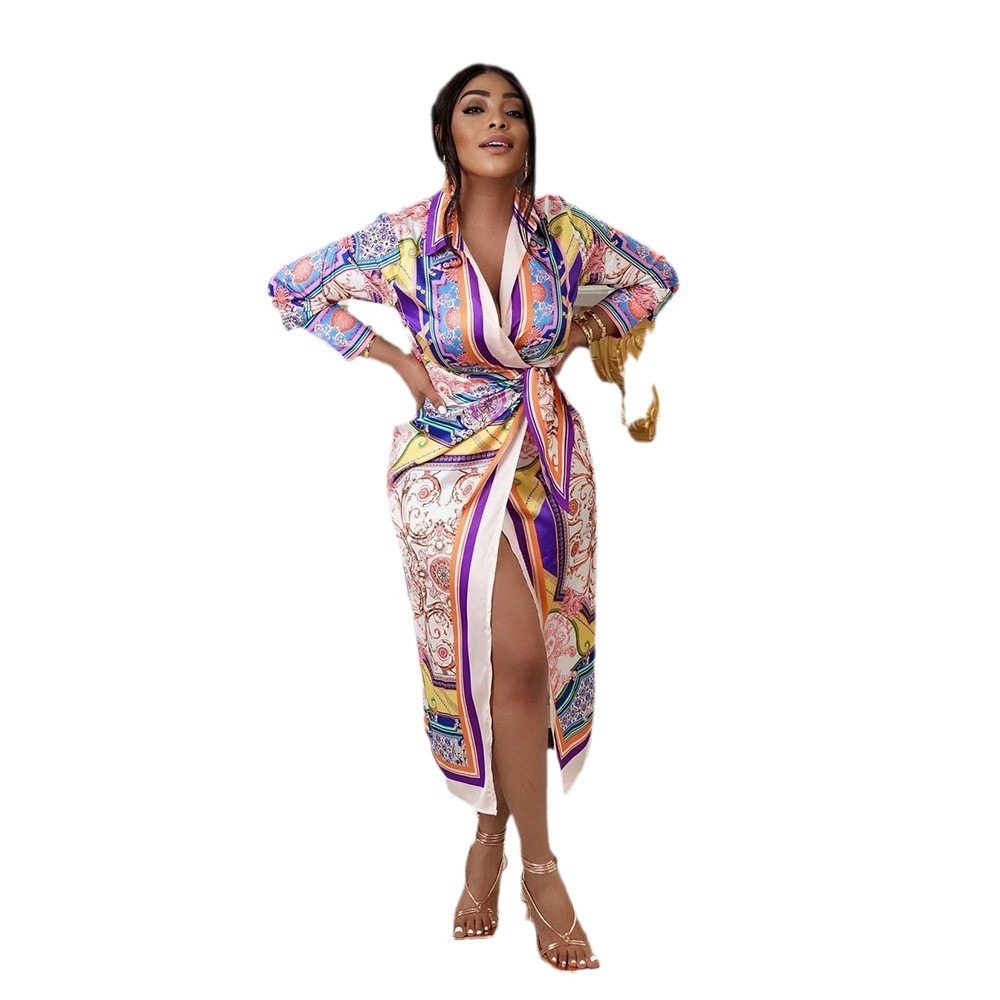 2025 Spring New Ethnic Style Womens Printed Long Sleeve Shirt Dress