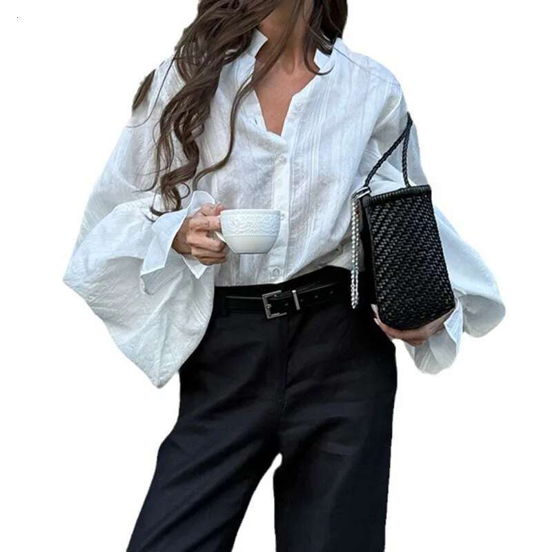 Women's Fashion Lapel Single Breasted Big Size Blouse Spring New Arrival Lantern Sleeve Loose Shirts Female 33A2702