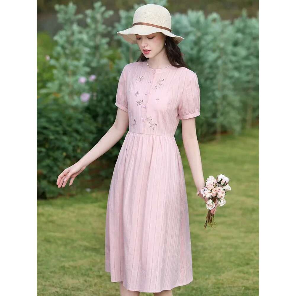 Women Dresses Summer Pink Embroidery Short Sleeve New Elegant Retro Slim Midi A-E Chic Dress