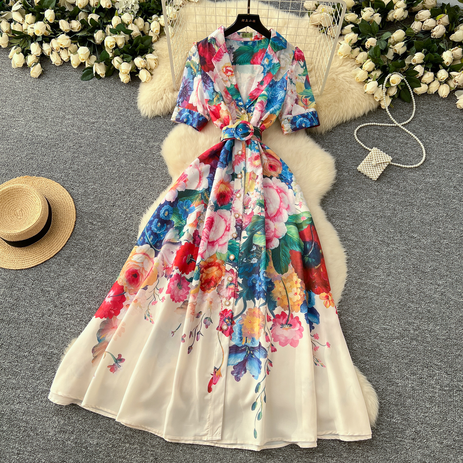 2025 Casual Dresses Summer Gorgeous Flower Runway Dress Women's Notched Short Sleeve Pearl Buttons Down Floral Print Belt A-Line Long Maxi Vestid