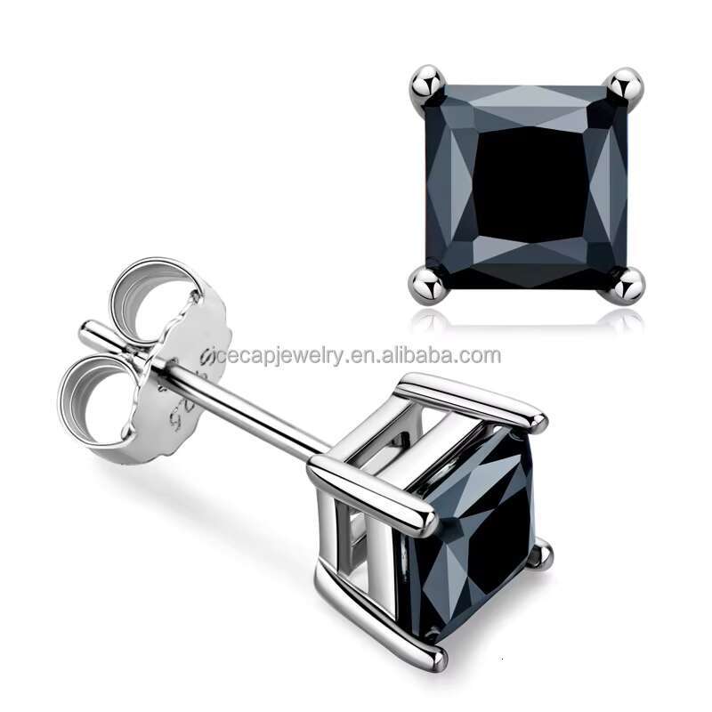 Fashion 1Ct Black Moissanite Earrings Exquisite Asscher Cut Square S925 Silver Moissanite Ear Studs