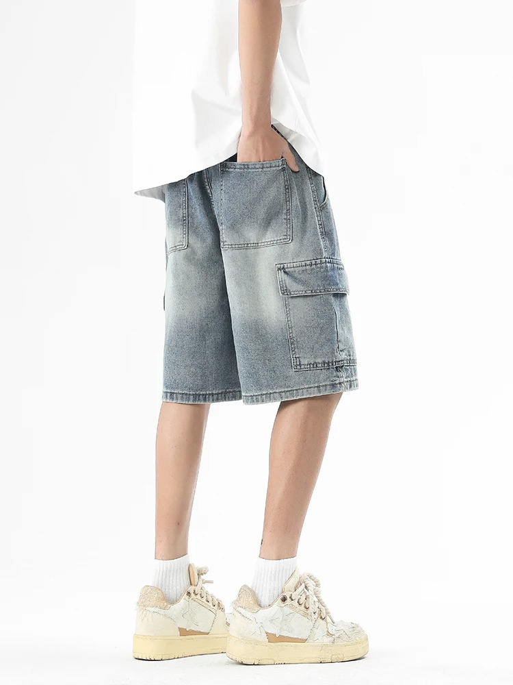 Summer mens denim shorts Korean fashion streetwear wide leg straight casual loose jeans 250401