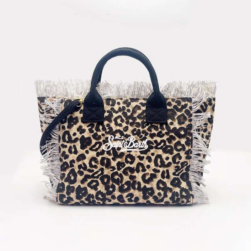 SAINT BARTH 2025 New I Women's Large Capacity Leisure Travel Leopard Pattern Small Canvas Handmade Tassel Handbag Tote Bag