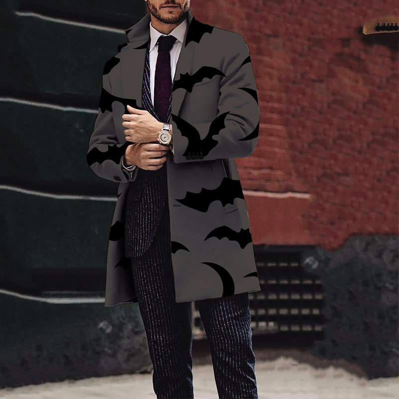 2024 Autumn/Winter New Mens Halloween Printed Woolen Medium to Long Coat Mens Woolen Coat