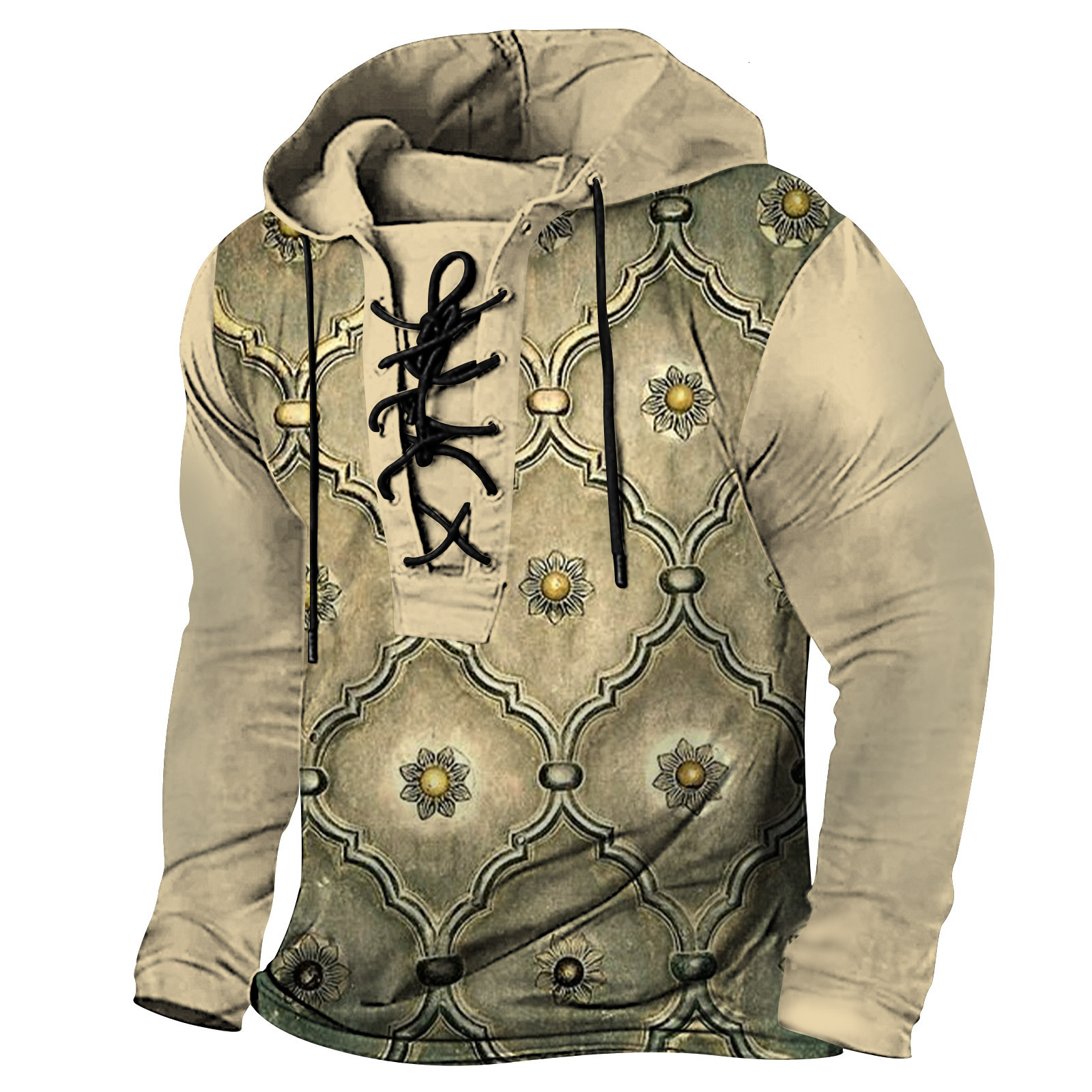 2024 Spring New Mens Digital Printed Strap Up Large Hooded Long Sleeve T-shirt Mens Wear