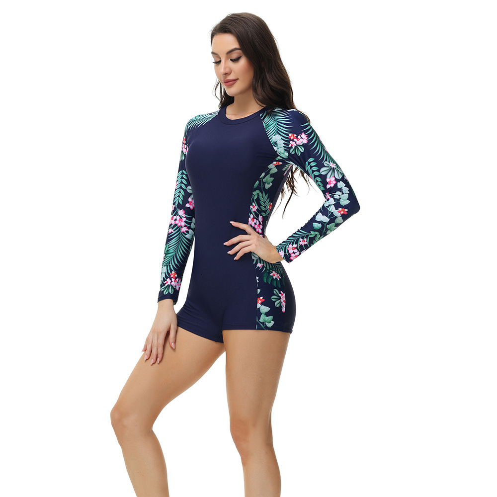 New long sleeved jumpsuit with flat corner shorts for surfing, women's beach sun protection, sports, basketball training, racing swimsuit