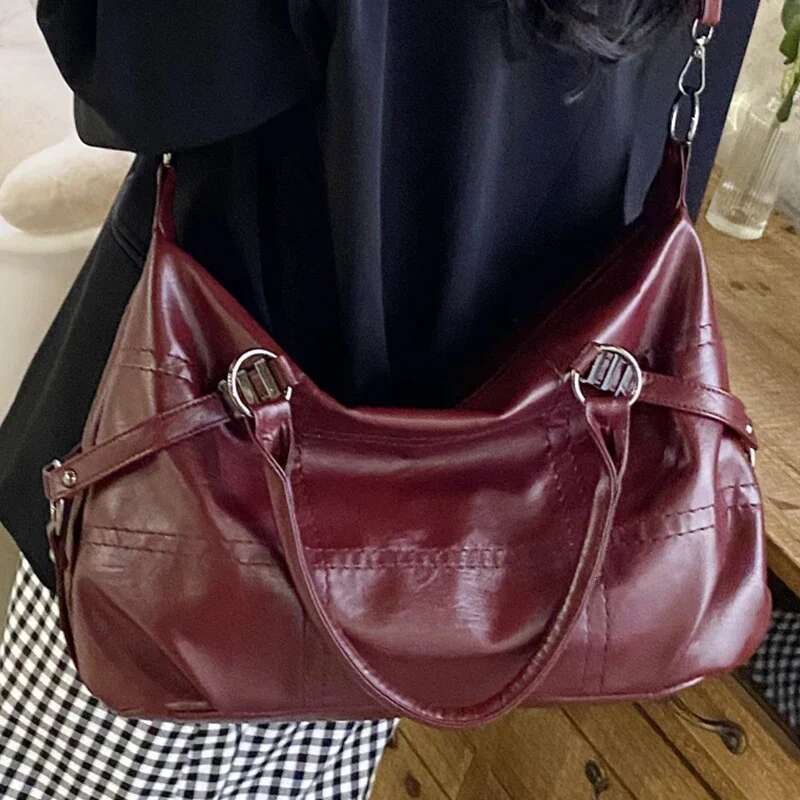 Women's Wine Red Commuter Shoulder Bag Large Pu Leather Retro Elegant Tote Handbags For Female Ladies' Aesthetic Messenger Bags