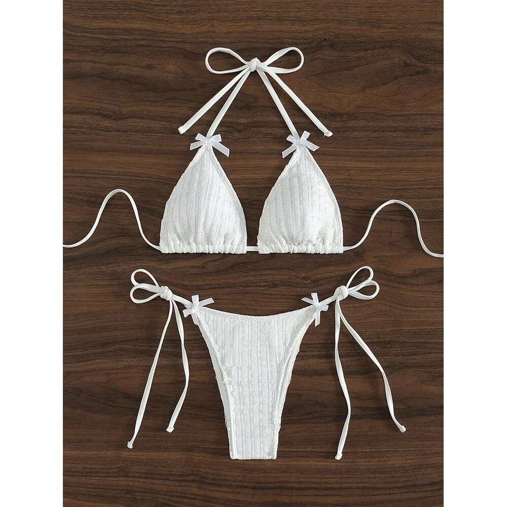 2025 New Solid Color White 2 Piece Swimsuit Sexy Bow Triangle Halter Backless Bikini Set Lace-up Thong Bathing Suit Swimwear
