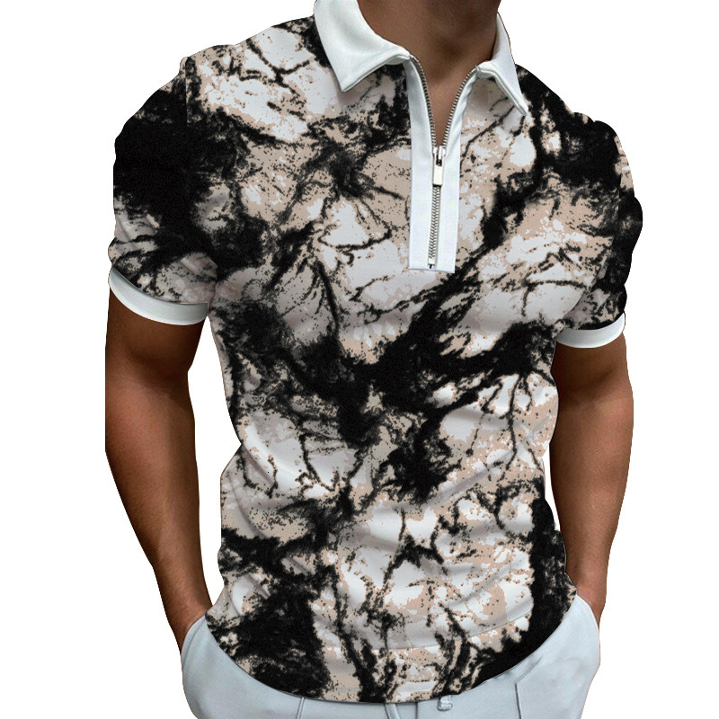 Spring new mens 3D printed casual polyester floral zipper POLO short sleeved T-shirt