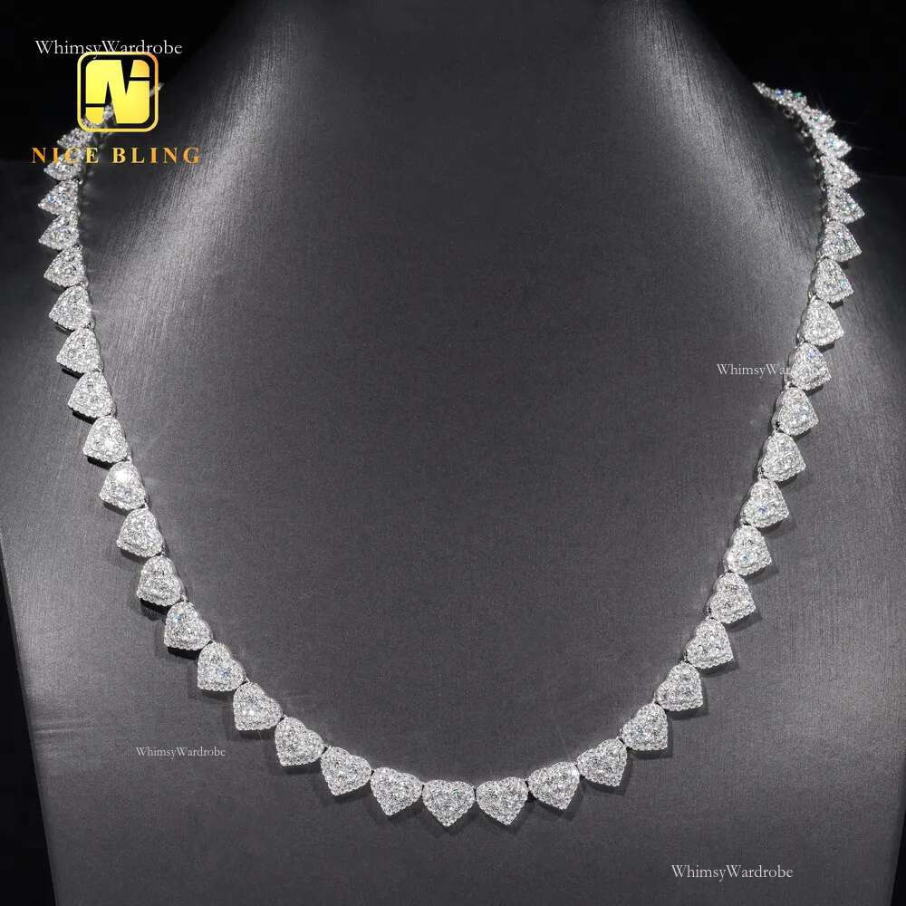 Moissanite Cluster Chain Sier Fashion Hiphop Necklace 8mm Heart Shape Lab Dia Tennis Necklaces for Men Women