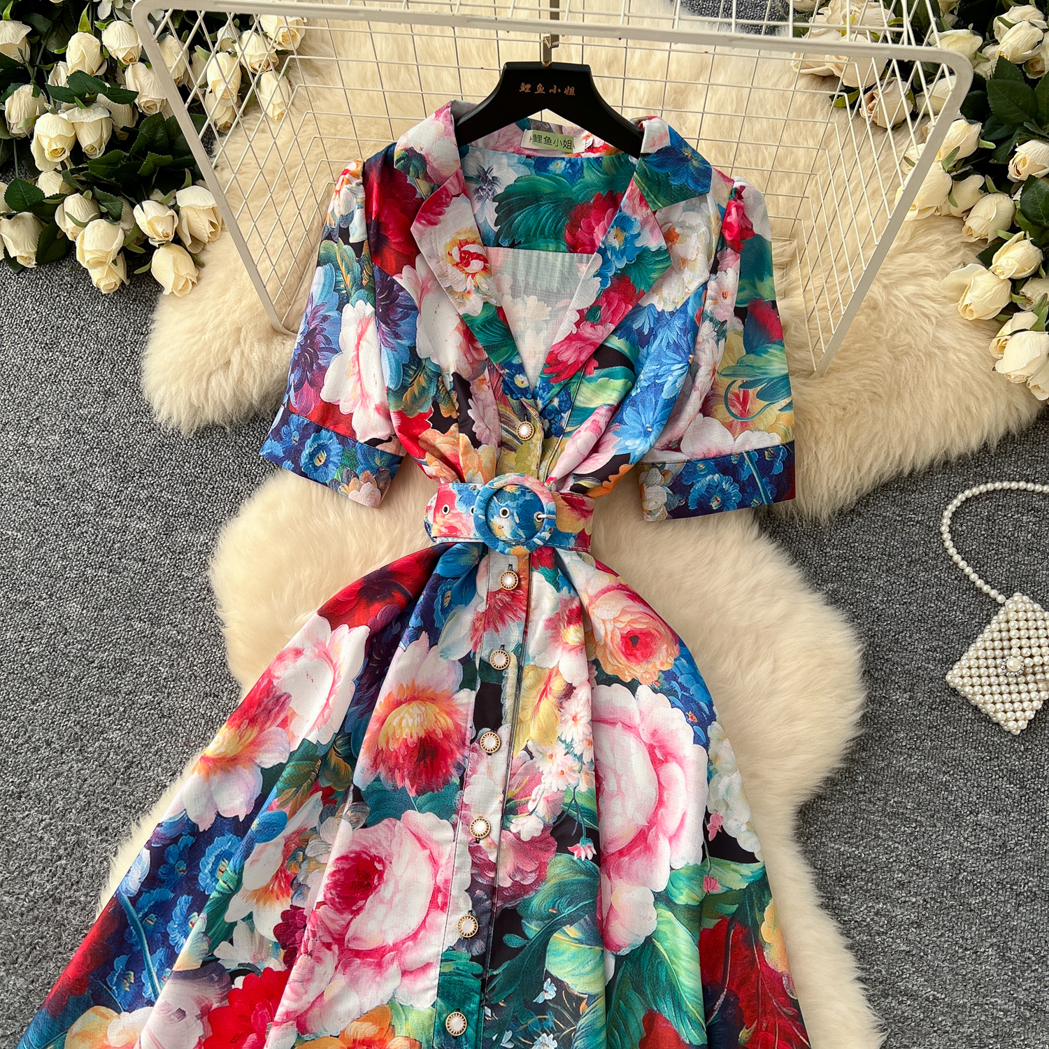 2025 Casual Dresses Summer Gorgeous Flower Runway Dress Women's Notched Short Sleeve Pearl Buttons Down Floral Print Belt A-Line Long Maxi Vestid
