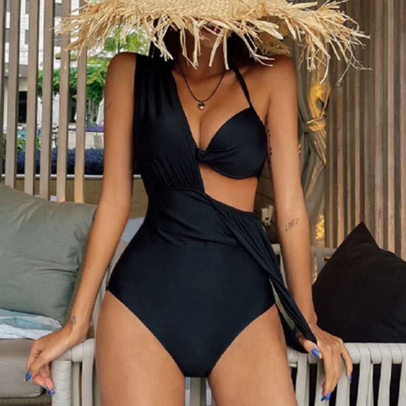 Solid Color Black One Piece Bikini for Women,high Waist V-neck Bandage Backless Swimsuit,2024 Summer Beach Bathing Suit New