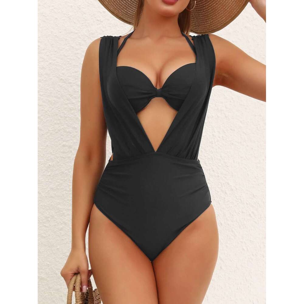 Sexy Pleate High Waist Bikinis Sets Women Black Front Bow Push Up Underwire Two Piece Swimsuit 2025 Beach Bathing Suit Swimwear