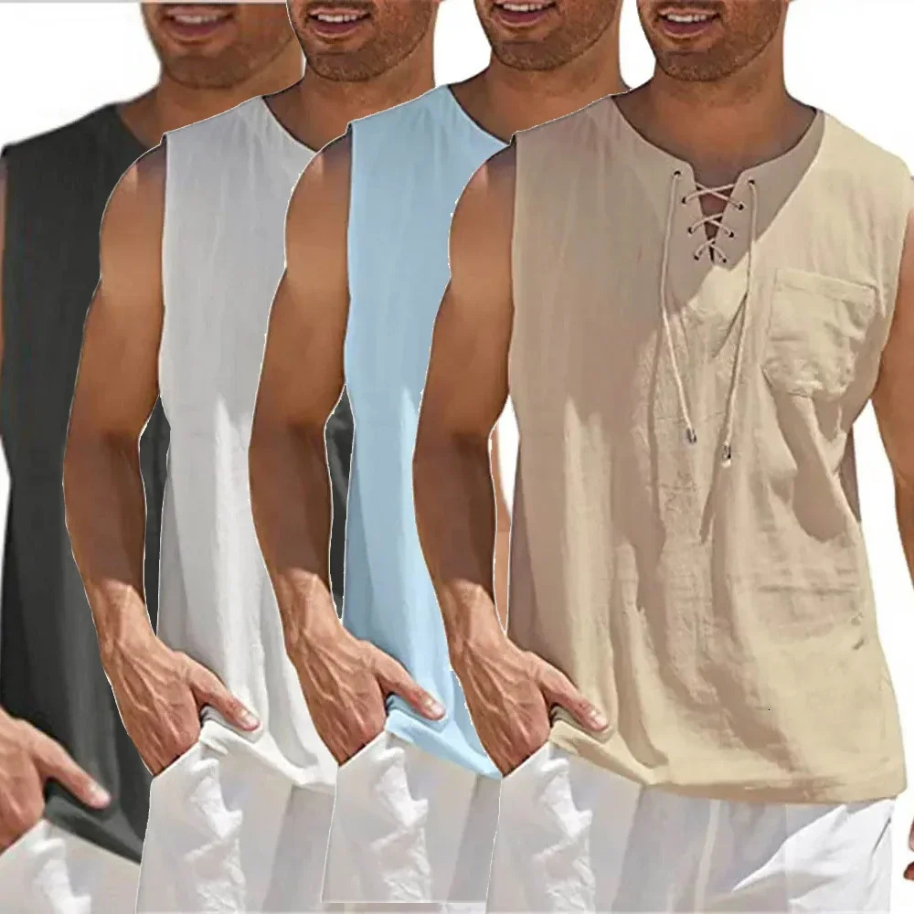 Summer linen shirt mens casual no ruffled vest belt lace top retro V-neck fashionable loose shirt mens solid color T-shirt 250403