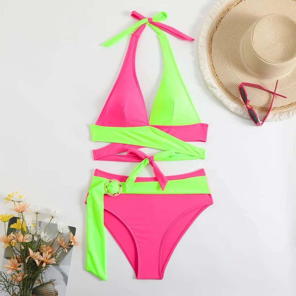 Sexy Hot Pink Patchwork Bikini Set 2025 Women Bandage Cross Buckle Belt High Waist Swimsuit Beach Bathing Suit 2 Piece Swimwear