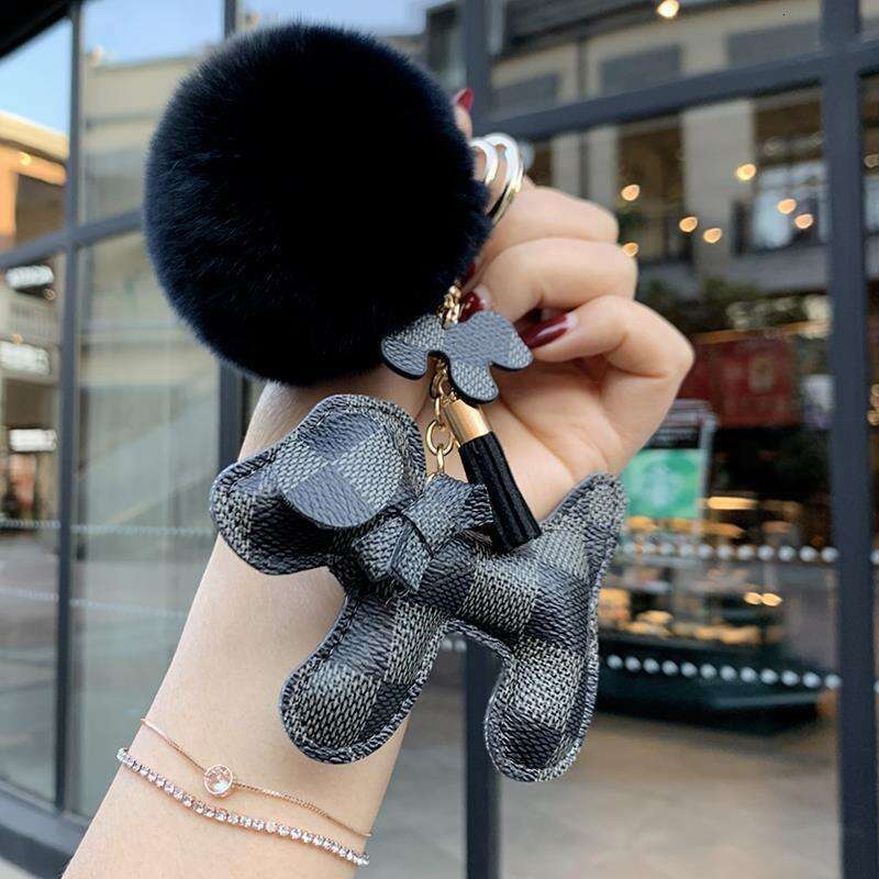 Leather Plush Dog Bowknot Coin Holder Keychain, Gender Neutral Animal Plush Keychain with Leather Strap and Metal Hardware, Bag Pendant Car Hanging Or - view 4