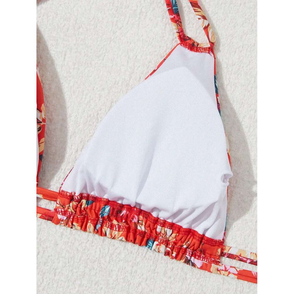 2025 New Red wer Print 2 Piece Swimsuit for Women High Waist Triangle Halter Backless Bikini Set Beach Vacation Bathing Suit