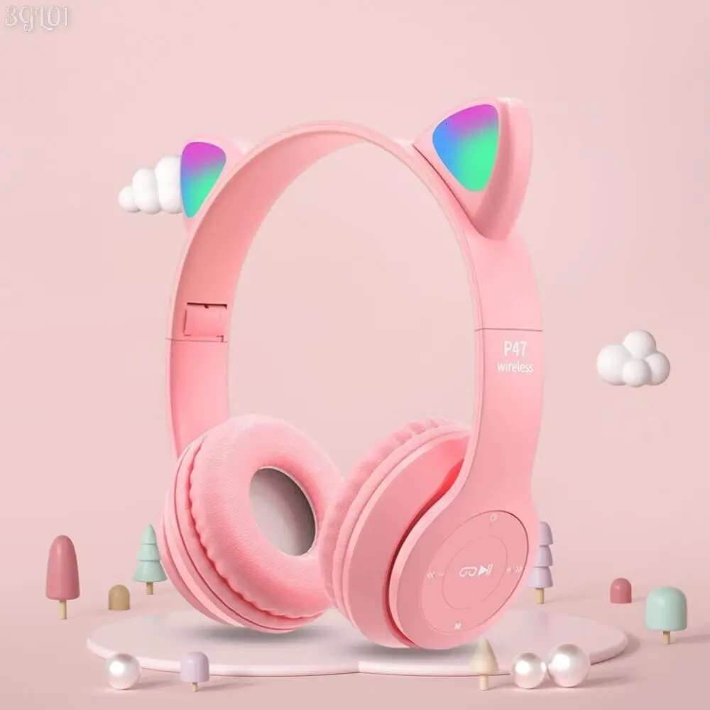 Gradient Cartoon Flash Light Kids Children Headphone Voice Control Bluetooth-Compatible Pink Little Girl Earphone Gift