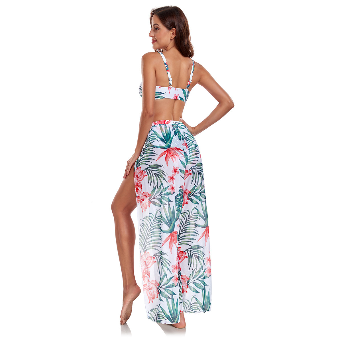 2025 Printed High Waist Split Bikini Chiffon Pants Skirt Resort Beach 3-Piece Swimsuit Female