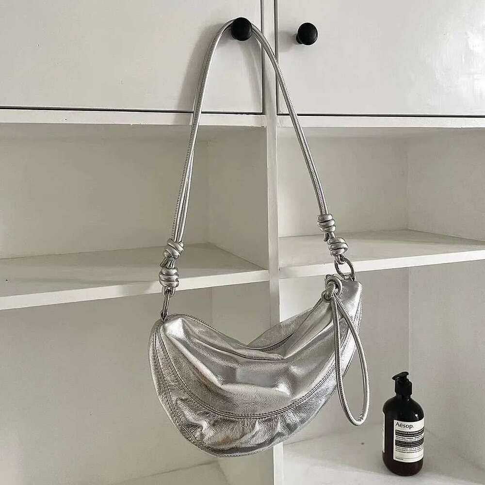 Ins New Chic Half-Moon Shape Women Crossbody Sier Gold Color Genuine Cow Leather Female Shoulder Bag Rope Strap