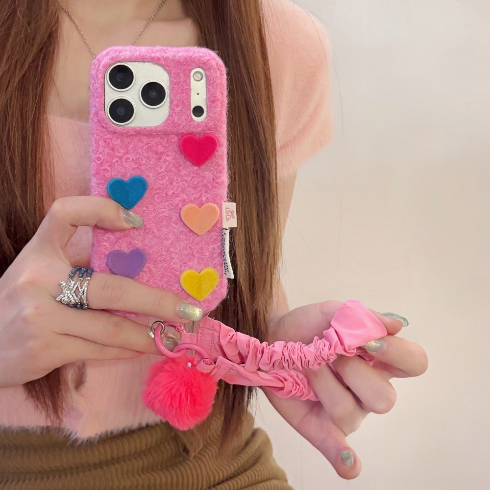 3D Colorful Heart Plush Phone Case Compatible with iPhone 17/16 Personalized Solid Color iPhone 15/14 Pro