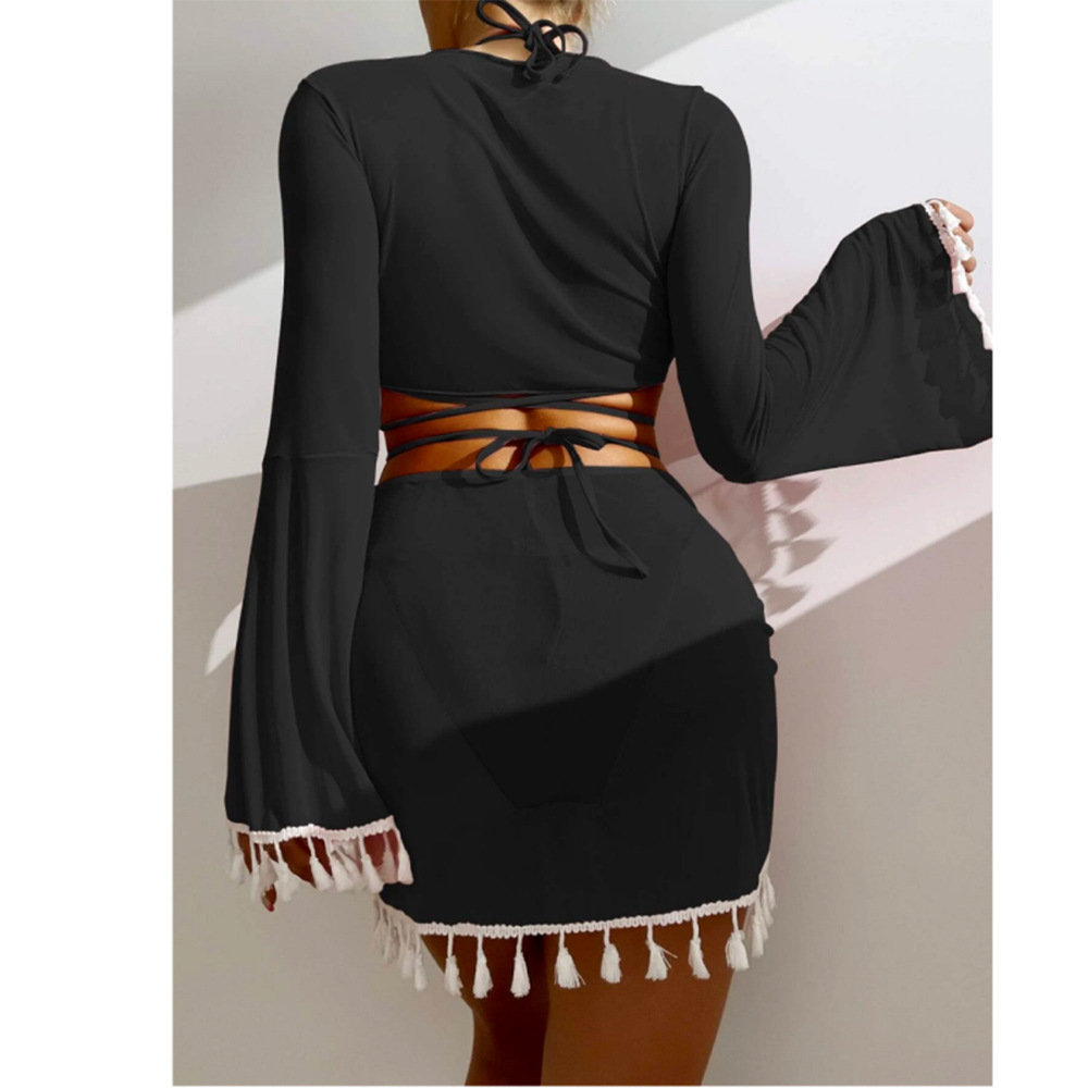Fashionable trumpet long sleeved hooded shirt with tassel edge short skirt, split triangle sexy bikini four piece swimsuit for women