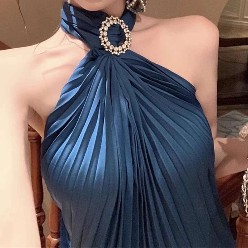 Fashion Heavy Industry Pleated Halter Sleeveless Dresses For Women Elegant Backless Dress Female New Items 11A03621