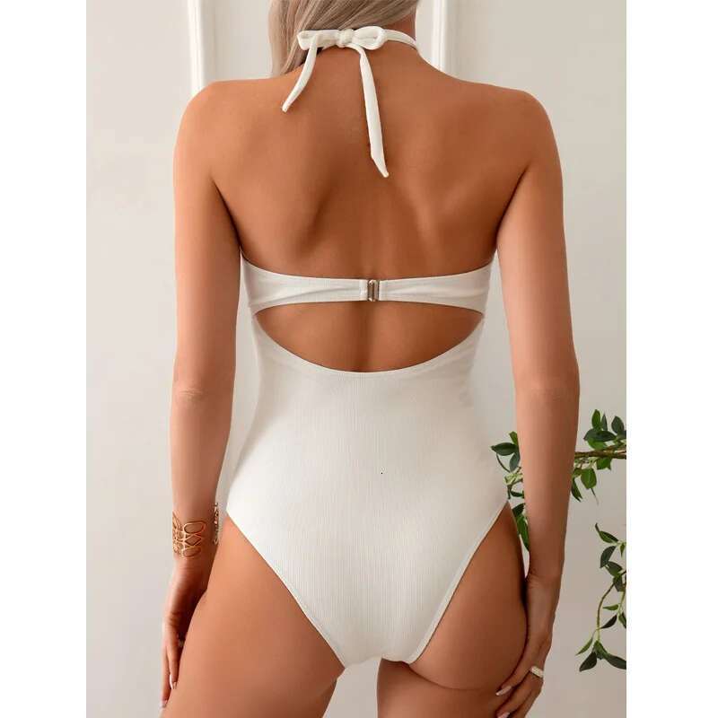 Solid Color White One Piece Swimsuit Women,high Waist Hollow Out Suspender Backless Bikini,summer Beach Bathing Suit 2024 New