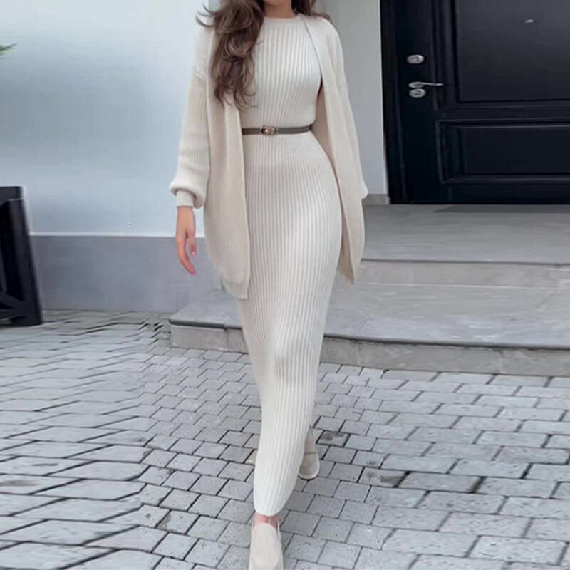 2024 Autumn New European and American Amazon Cross-Border Fashion Hot-Selling Lazy Style Knitted Sweater Long Dress Set for Women