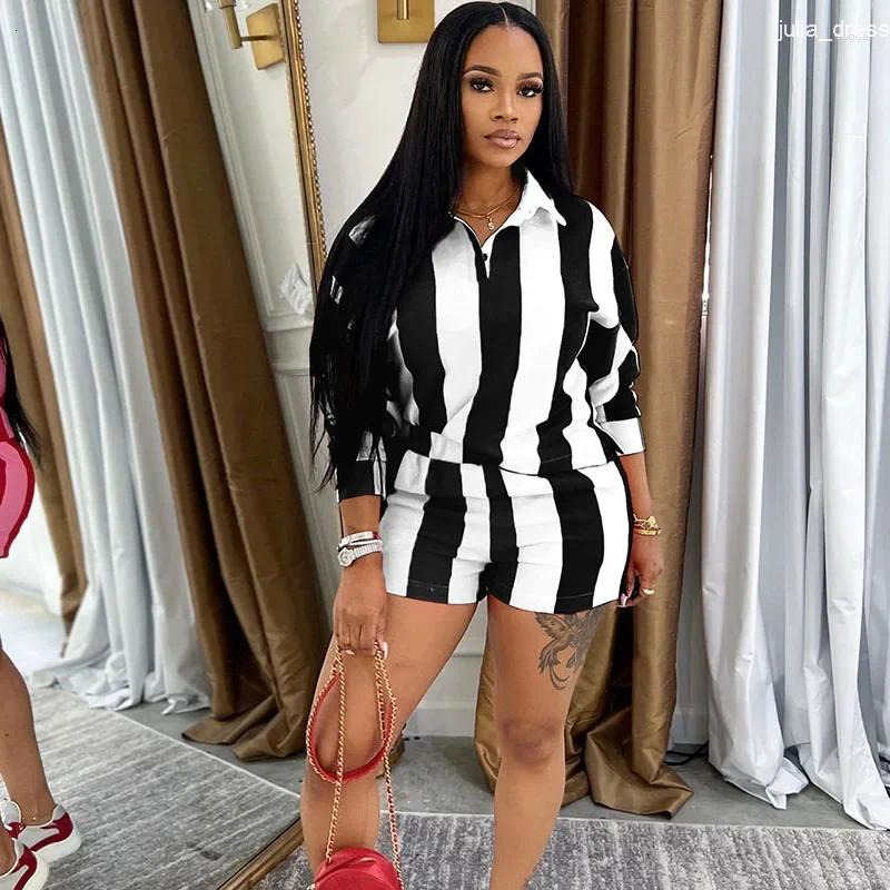 Womens Tracksuits Striped Print Sweatsuits Woman 2 Piece Outfits Sporty Joggers Turn-down Collar Sweatshirt Top And Shorts Ensemble Jogging