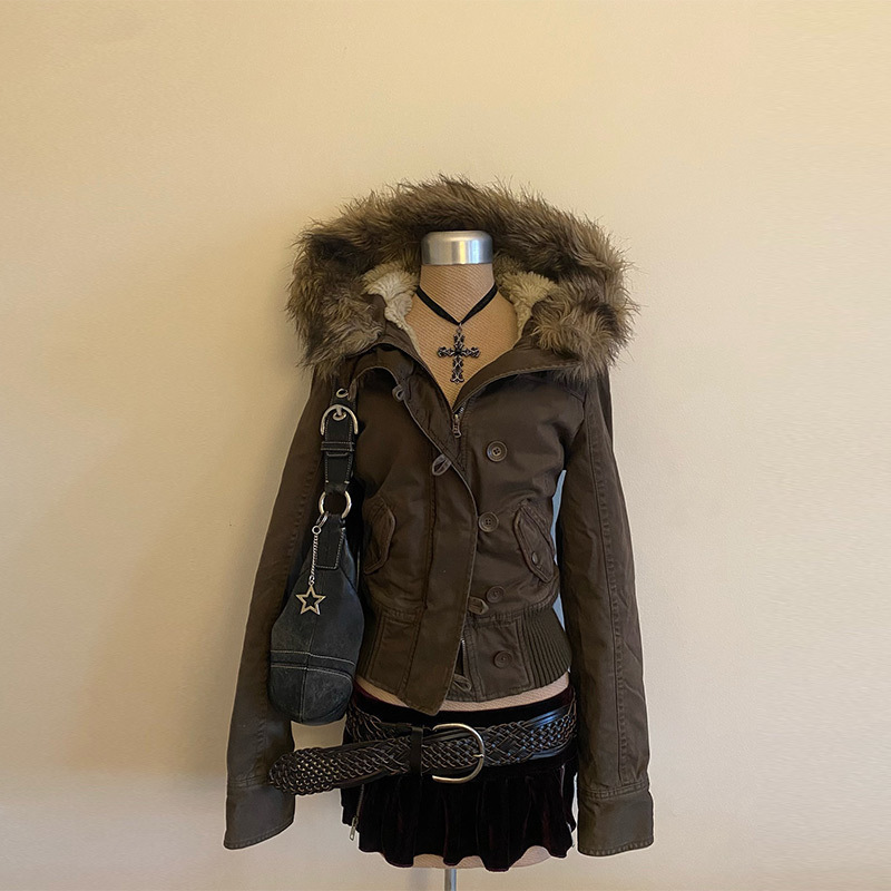 American Vintage Y2K Fur Lined Bomber Jacket Womens Brown Hooded Coat with Faux Fur Trim and Ribbed Cuffs Fashionable and Casual251022