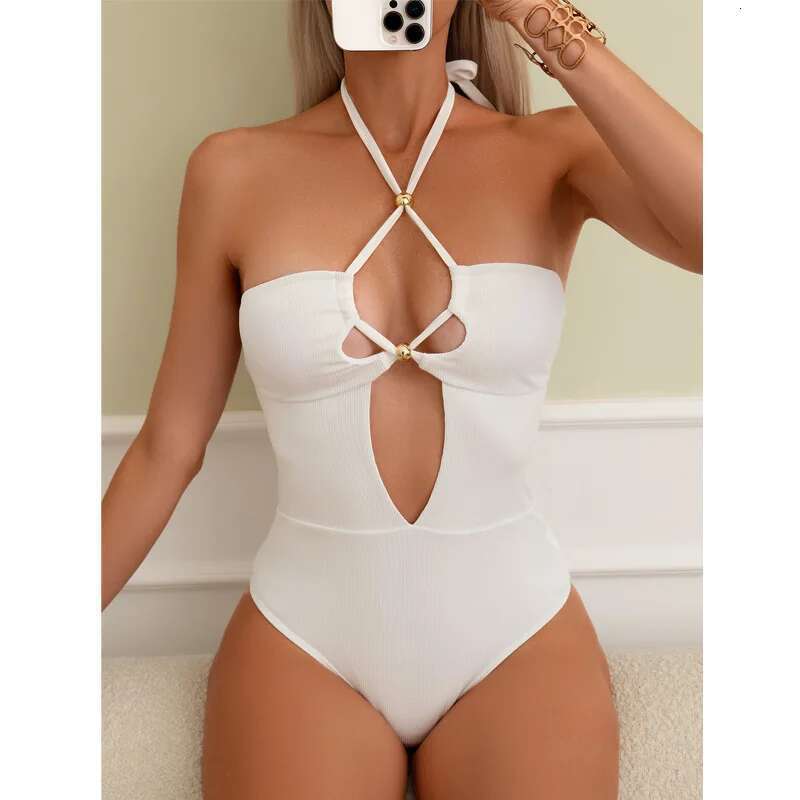 Solid Color White One Piece Swimsuit Women,high Waist Hollow Out Suspender Backless Bikini,summer Beach Bathing Suit 2024 New