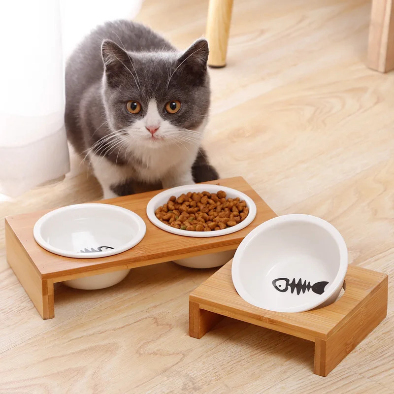 Pet cat dog double bowl single bowl ceramic bowl monkey bread table non sliding double bowl 250403