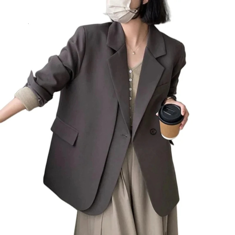 REALEFT Spring and Autumn Elegant Grey Womens Jacket Long Sleeve Single Button Office Womens Loose Womens Coat 250402