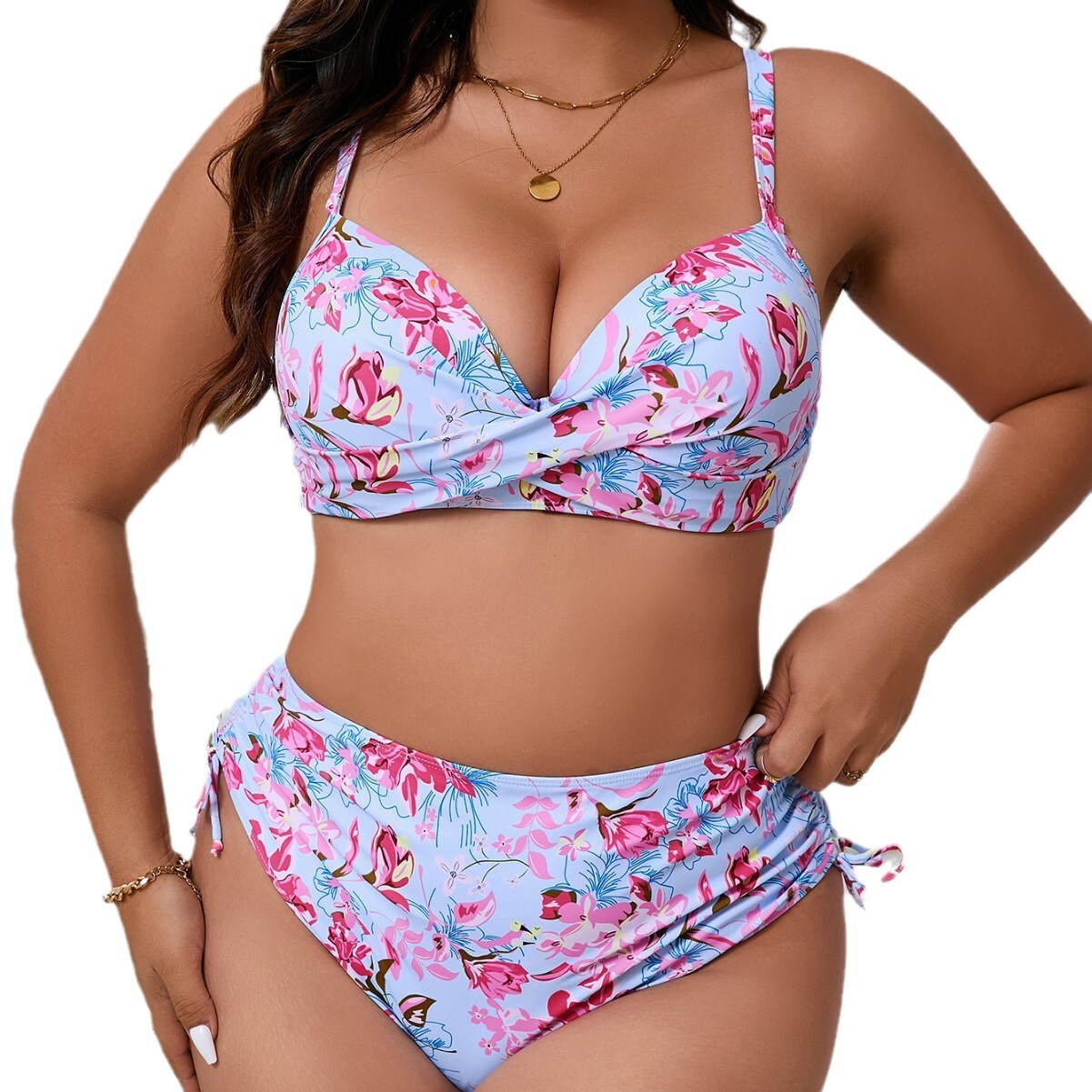 Fashionable new split size bikini women's digital printed steel holder gathering drawstring triangle pants swimsuit